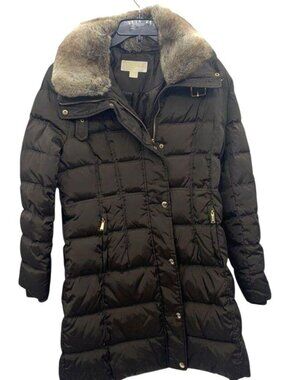 Michael Kors Womens Puffer Coat W/ Faux Fur Collar Brown Size L